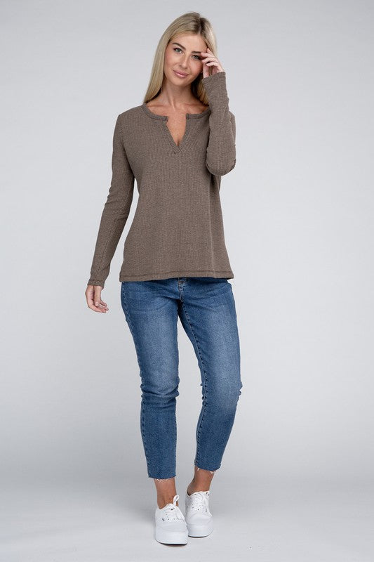 Melange Baby Waffle V-Neck Long Sleeve Top