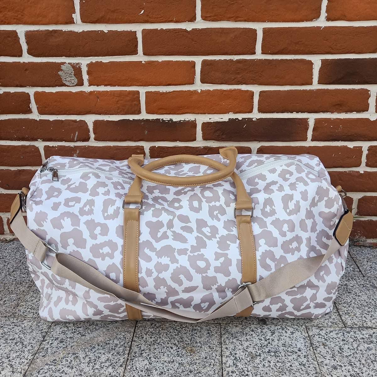 Jolie White and Tan Leopard Weekender Bag with Shoulder Strap