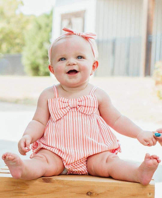 Ruffle Butts Coral Stripe Bow-Front Bubble Romper
