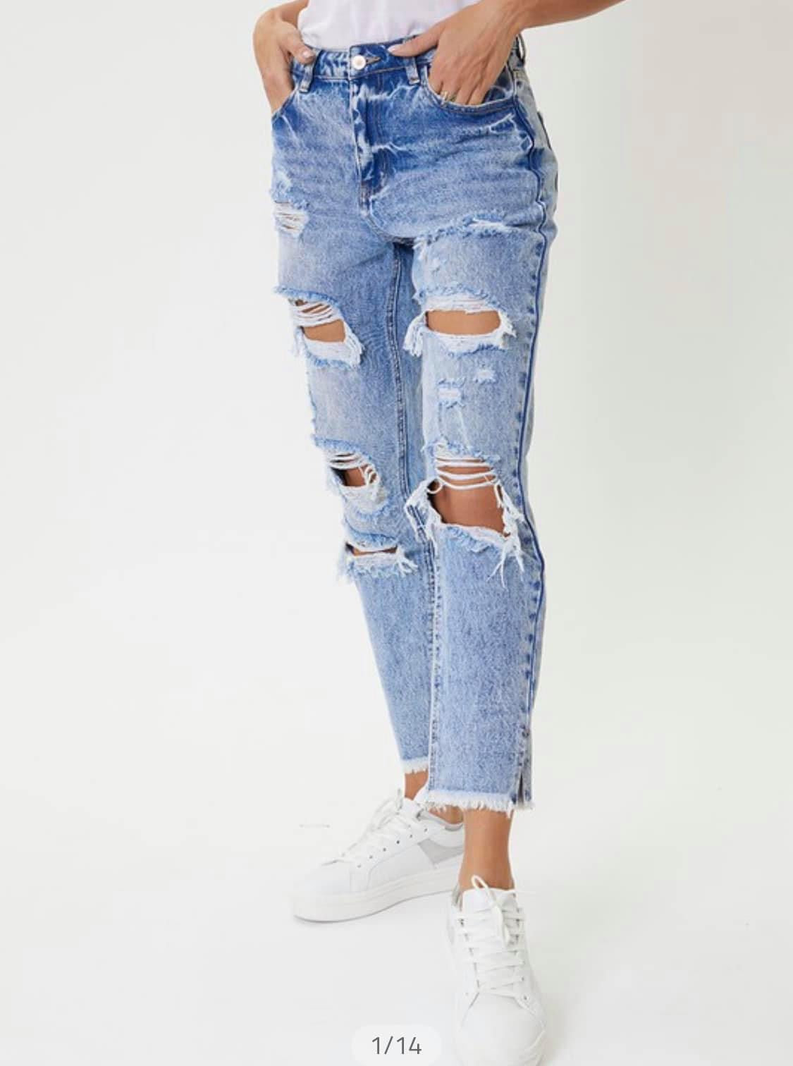 Kancan High Rise Fray Hem W/ Side Split Mom Jean