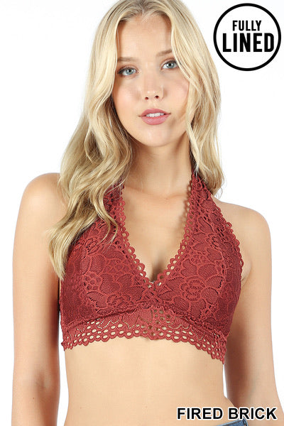 Stretchy Lace Halter Bralette- Fired Brick